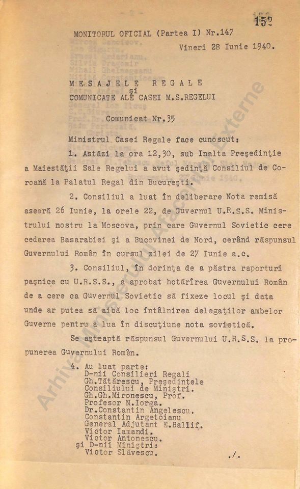 Mai  multe documente istorice inedite au fost publicate de Ministerul Afacerilor Externe, vineri, după 80 de ani de la Notele ultimative transmise de Moscova Bucureștiului
